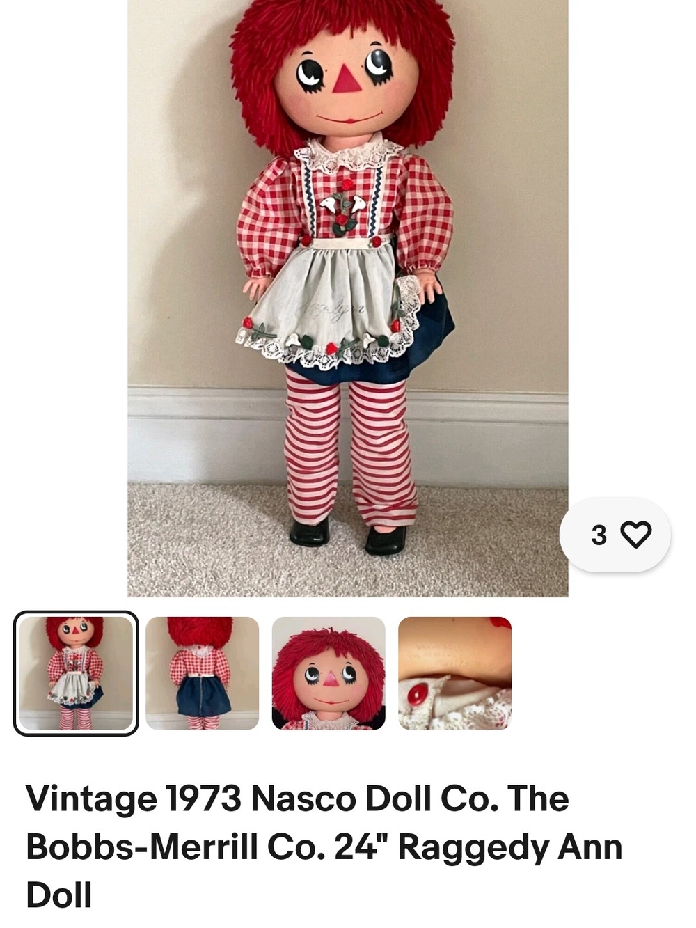 Raggedy-Style Red-Head Cloth Doll with Red Hair and Striped Outfit
